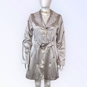 Balmain Silver Satin Coat Button-Up Floral Vintage Lightweight Jacket